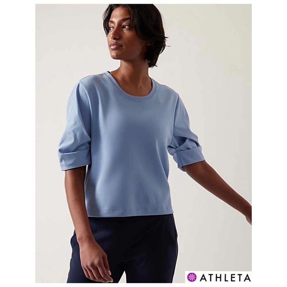 🔥NWTS-$90 ATHLETA Harlow Hybrid Crew Neck Top L Blue Lightweight Relaxed Cotton